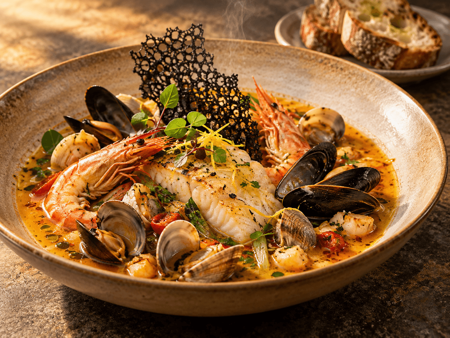 Ciambotta di Mare with line fish, prawns, clams and mussels in saffron broth with a black lace tuile.