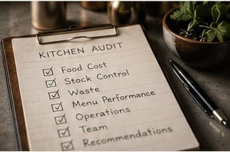 A kitchen audit checklist on a clipboard with a pen