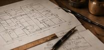 Kitchen floor plans and drawing pens on a work table