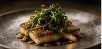 Seared fish with herbs on a speckled plate