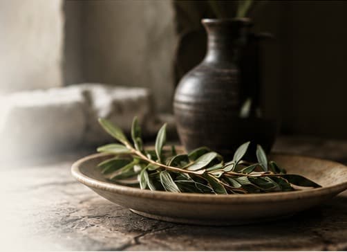 A ceramic plate with an olive sprig beside a dark stoneware vase on a stone counter