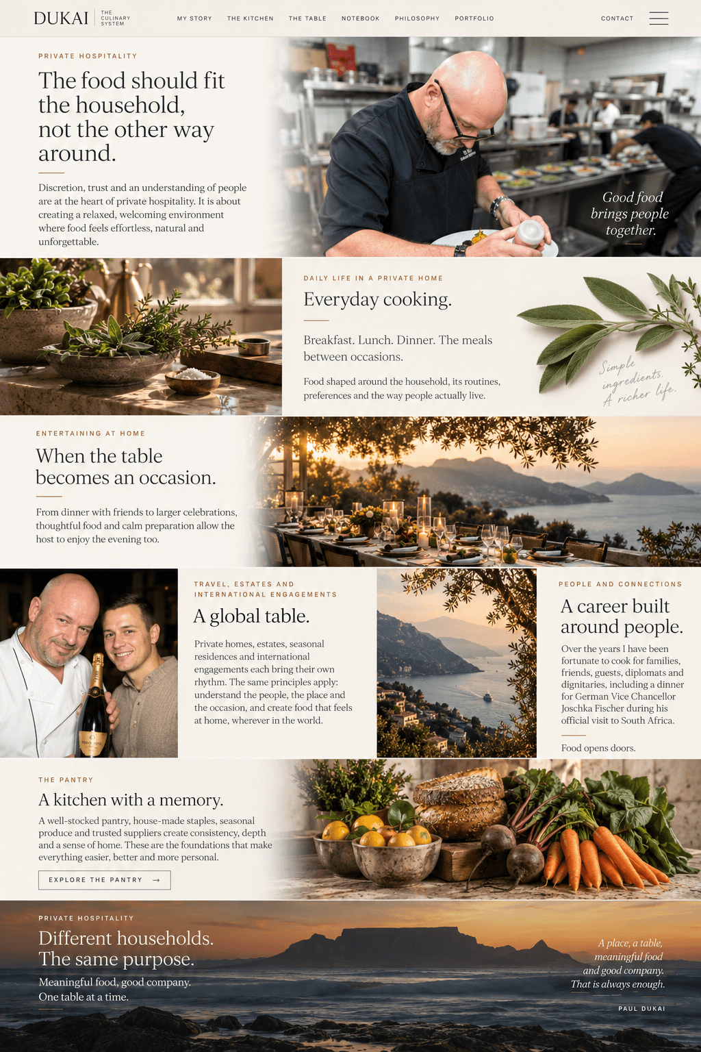 Private Hospitality: the food should fit the household, not the other way around. Everyday cooking, entertaining at home, a global table, a career built around people, the pantry, and different households with the same purpose.