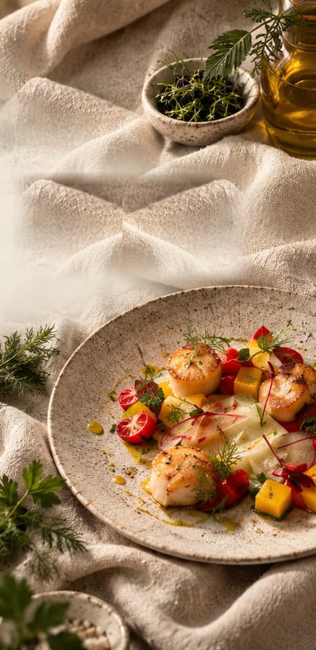 Seared scallops with citrus and dill on a speckled plate, on rustic linen with fresh herbs