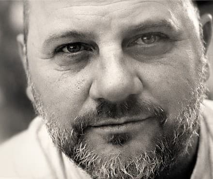 Chef Paul Dukai, a black and white portrait