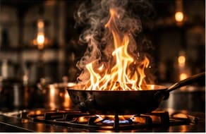 Flames rising from a pan on the stove