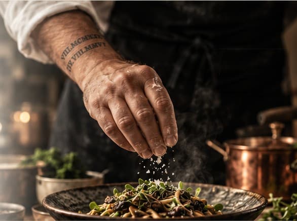Paul's hand scattering salt over a plated dish, copper pots and candlelight behind