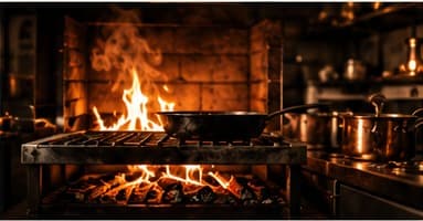 A pan over glowing coals in a wood-fired oven