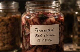 A jar of fermented red onion with a handwritten label