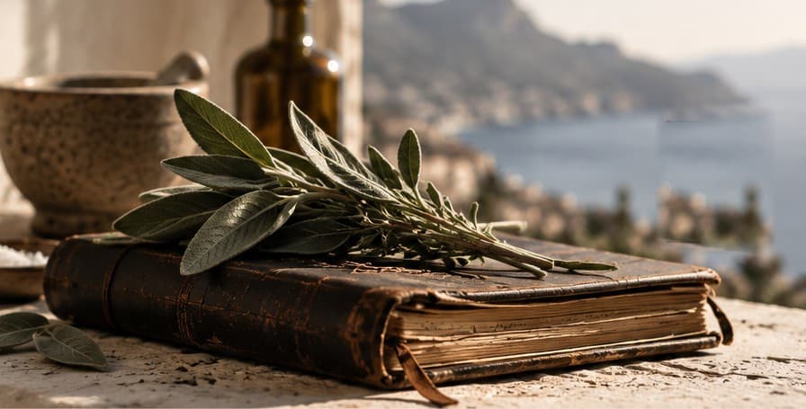 A worn leather notebook with a sprig of sage, a mortar and a bottle of oil on a stone ledge above the sea