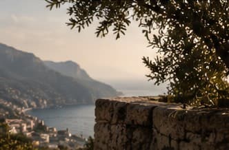 A coastal town seen past a stone wall and olive branches