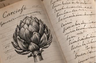 A notebook page with an ink drawing of an artichoke and handwritten notes