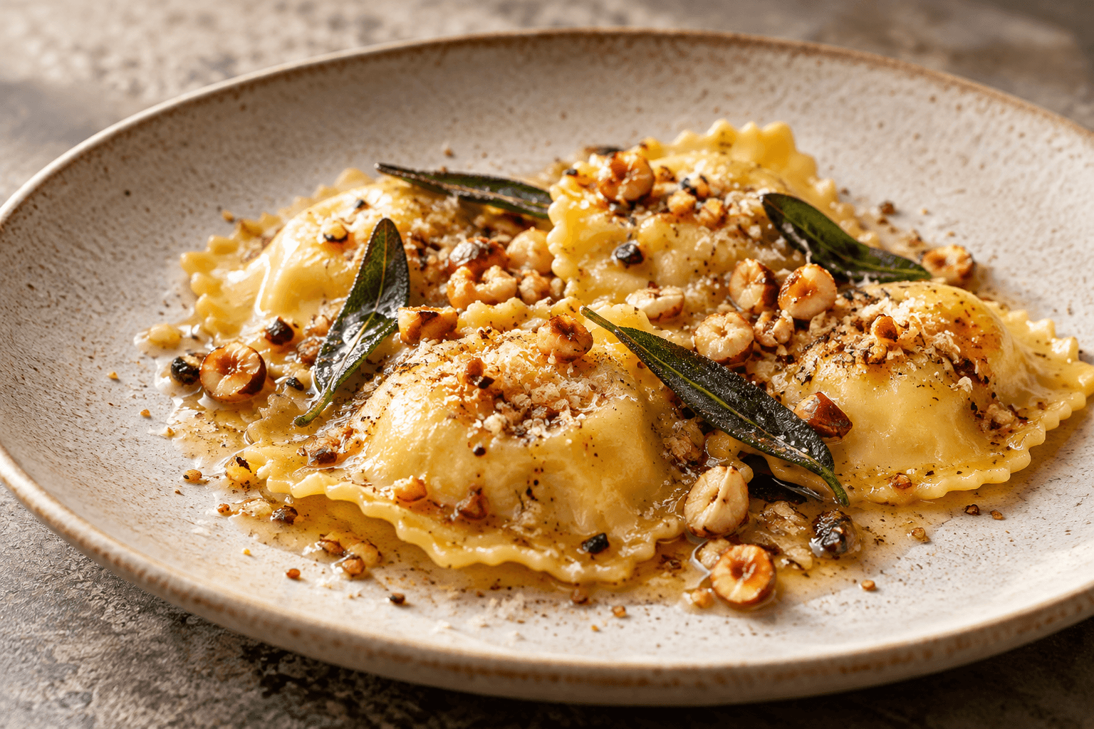 Handmade pear and Fontina ravioli finished with brown butter, sage and toasted hazelnut.