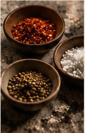 Small bowls of chilli, salt and peppercorns
