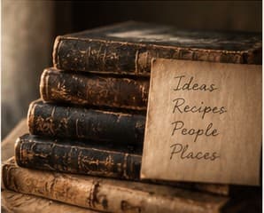 A stack of worn leather notebooks with a handwritten card