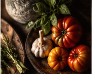 Heirloom tomatoes, garlic and basil in a wooden bowl
