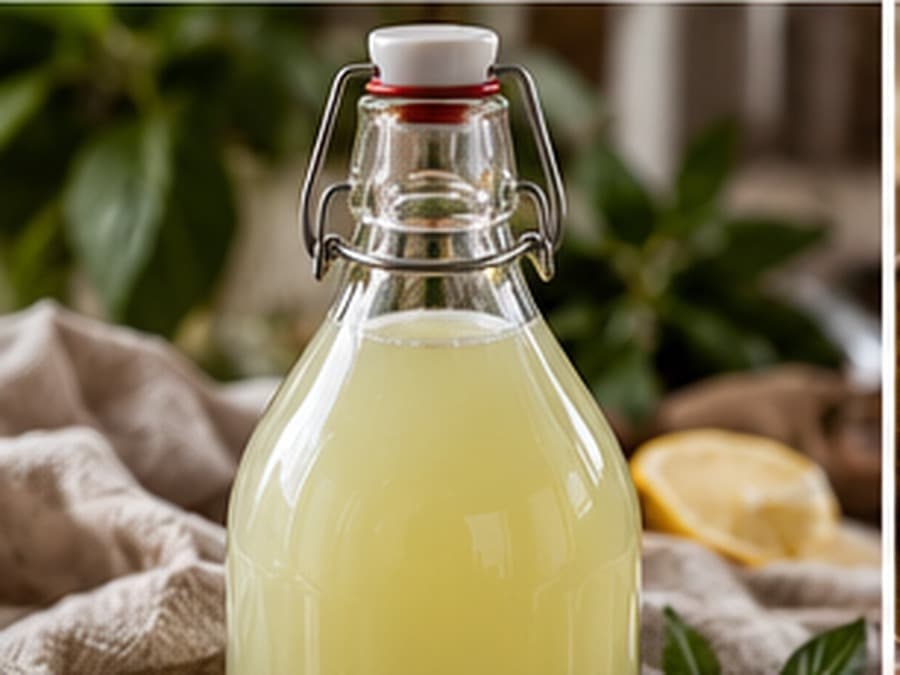 Pale fresh cultured whey held in a clean glass bottle.
