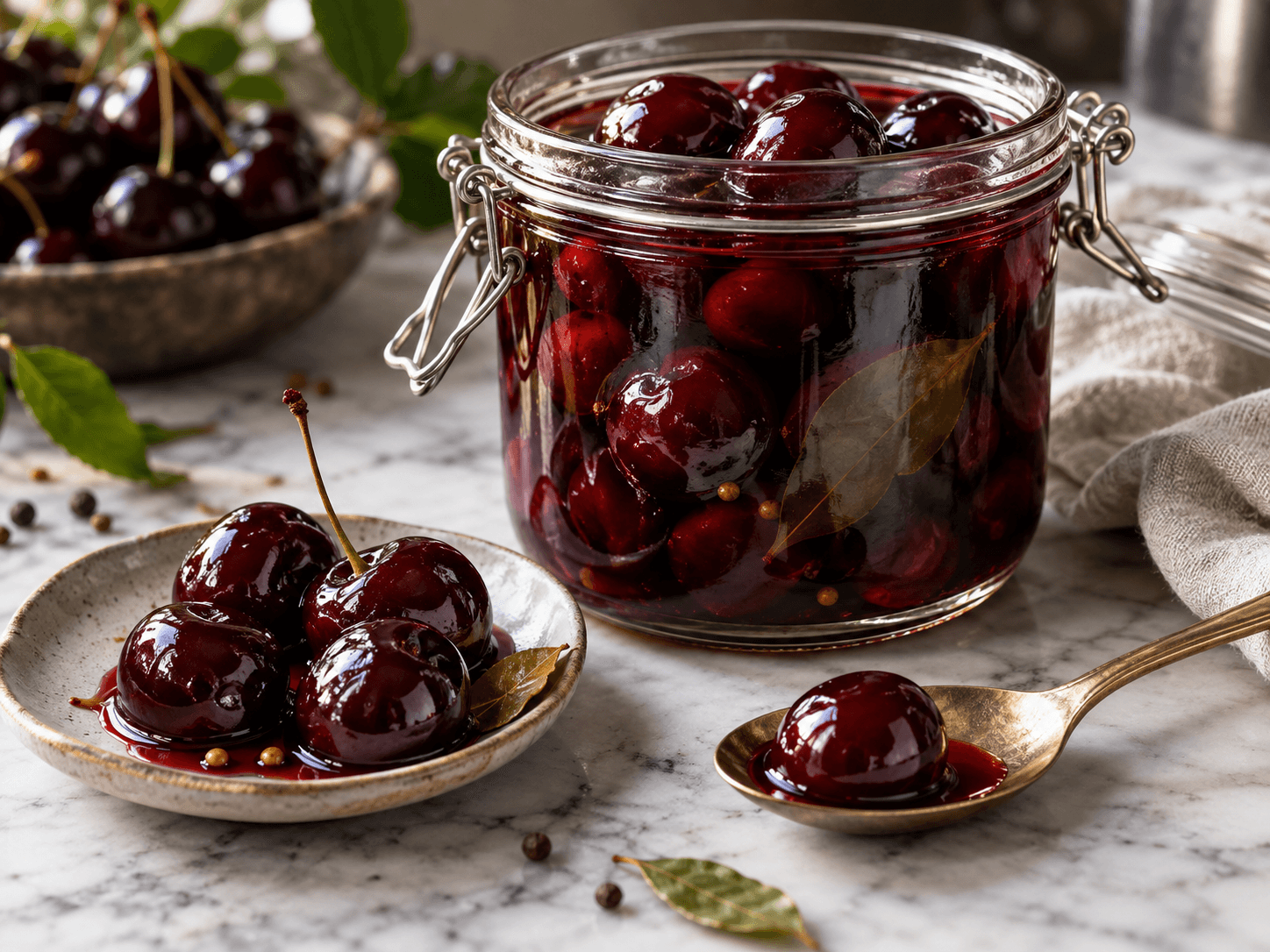Dark black cherries in deep red pickling liquid with bay leaf and peppercorns.