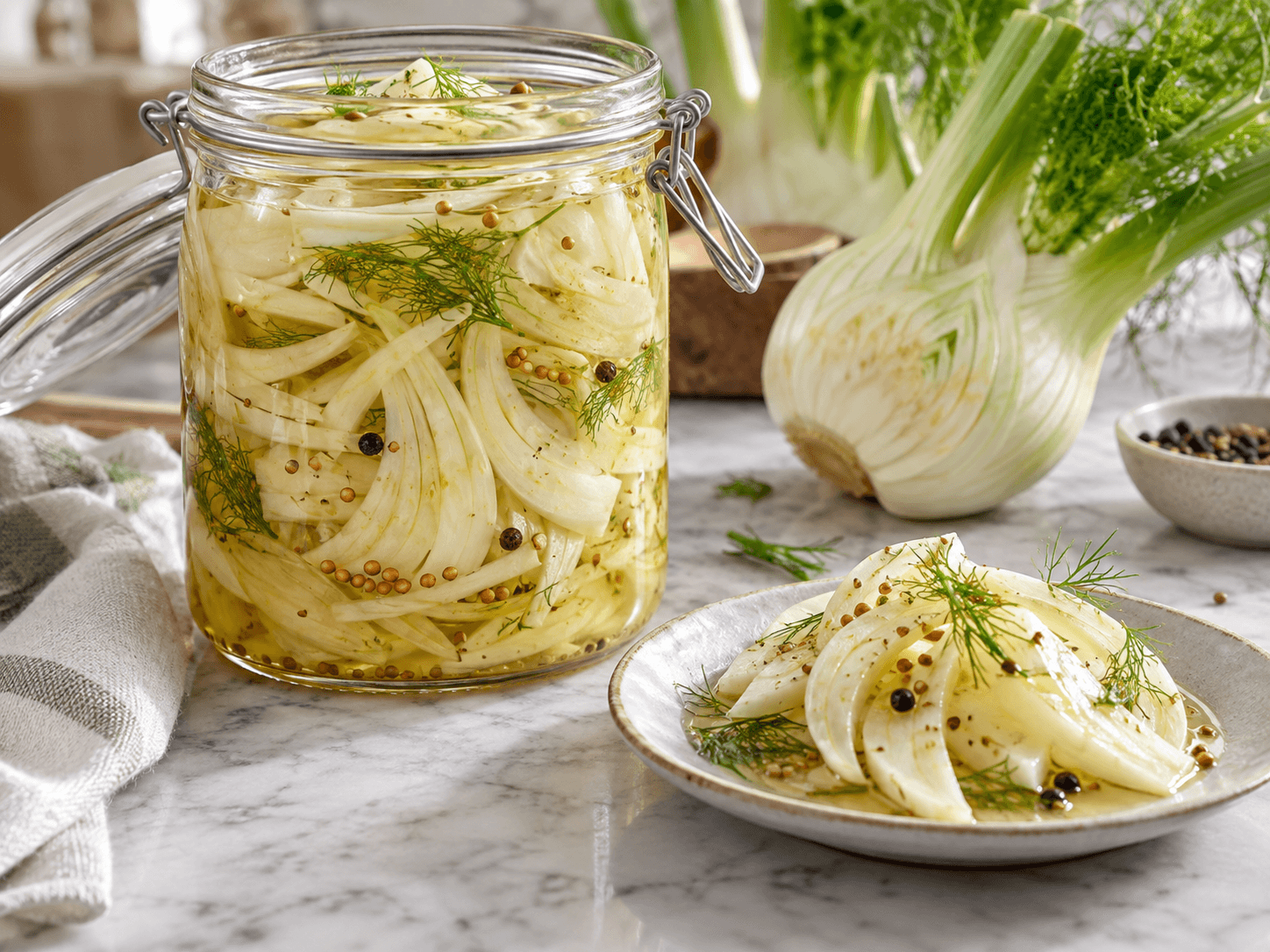 Fine slices of fennel in pale pickling liquid with fennel seed, coriander, lemon and bay.