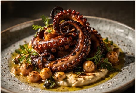 Charred octopus over chickpeas and hummus on a speckled plate
