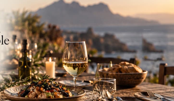 A table set by the sea at golden hour: wine, a candle, bread and a plate of grilled vegetables before the mountains