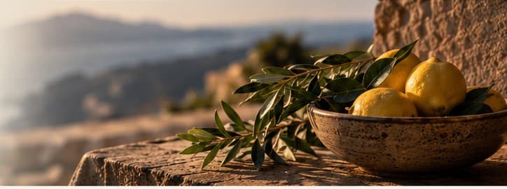 A bowl of lemons and an olive branch on a stone ledge above the sea