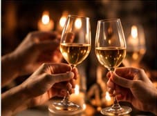 Two glasses of white wine raised in a toast by candlelight