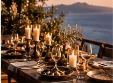 A table set outdoors at dusk with candles and an olive tree