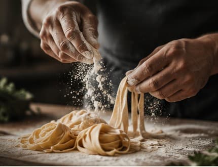 Hands dusting flour over fresh tagliatelle