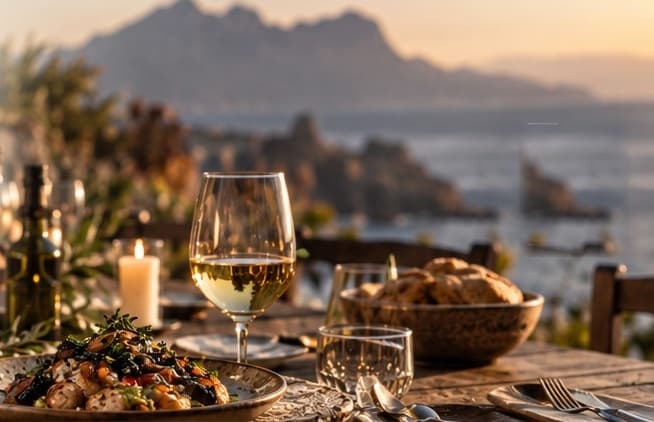 A private table by the sea at golden hour: wine, a candle, bread and a plate of grilled vegetables