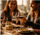 Two people raising glasses of wine at the table