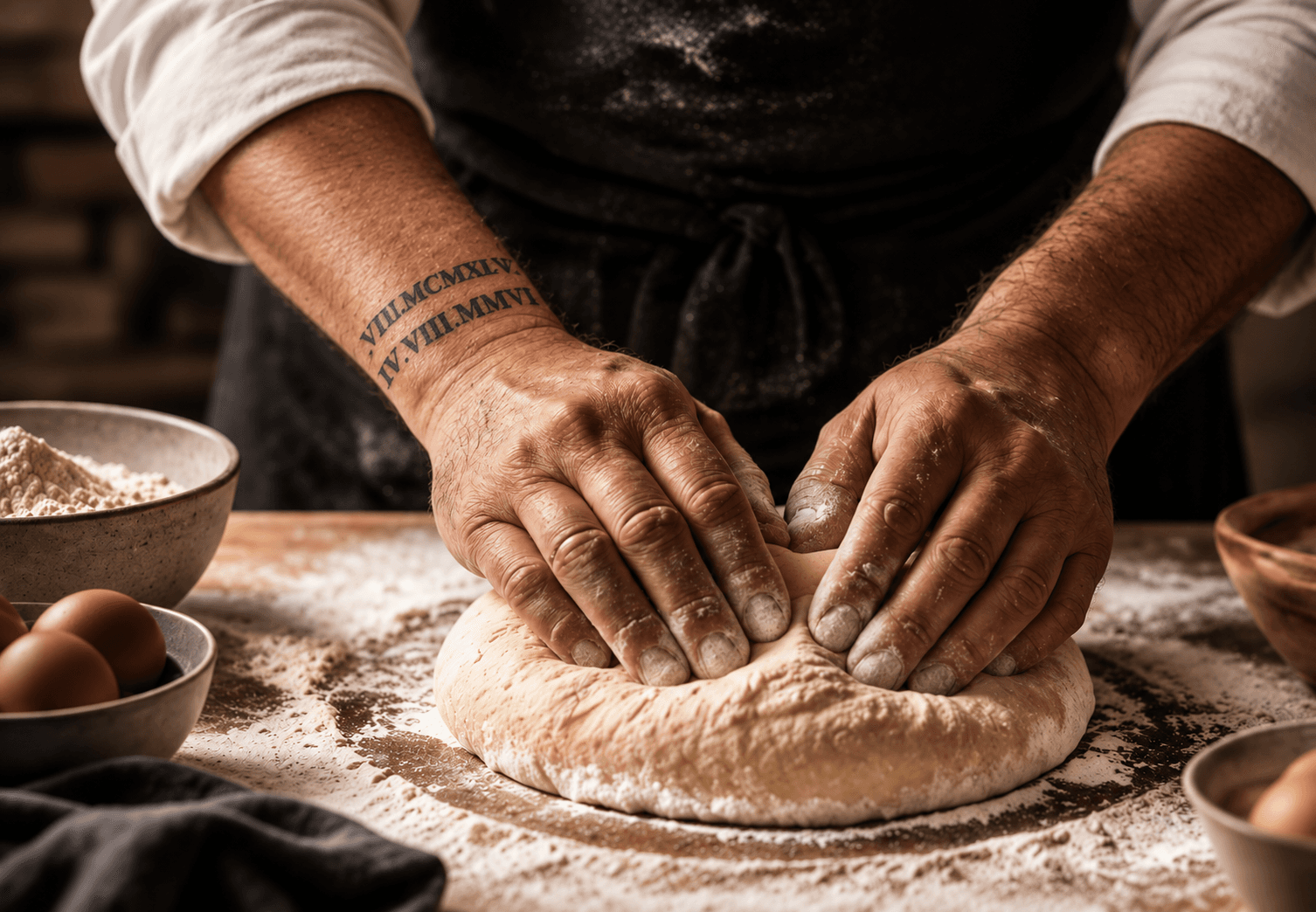 Paul's hands kneading a round of dough on a floured table, flour and eggs beside it