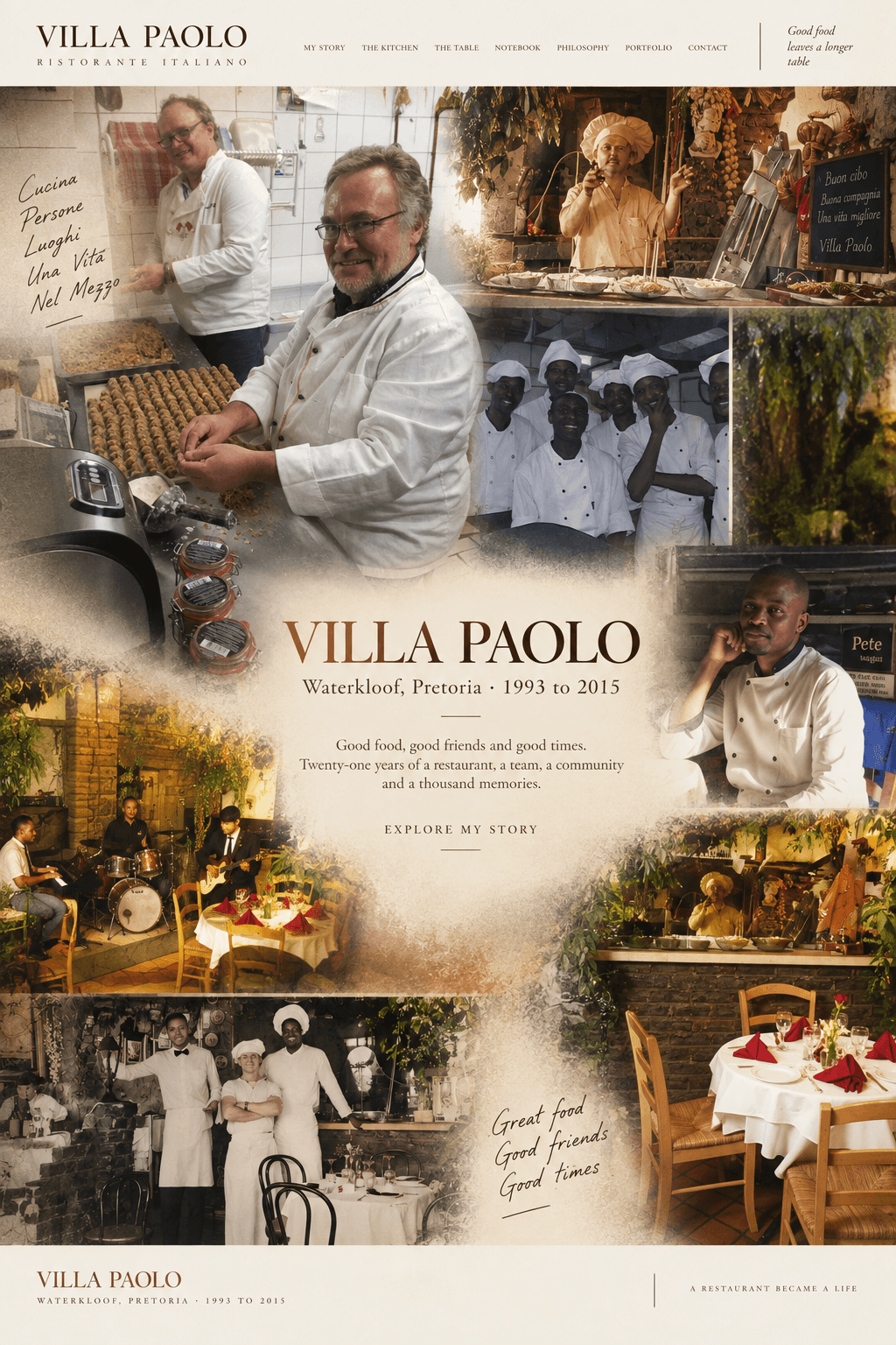 Villa Paolo, Waterkloof, Pretoria, 1993 to 2015: Paul in the kitchen, the brigade in whites, the band, the tables and the dining room, with the words Good food, good friends and good times