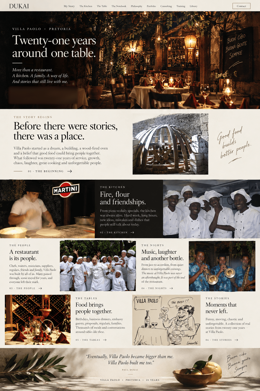 Villa Paolo, Pretoria: twenty-one years around one table. The candlelit courtyard, the wood-fired oven being built, Paul at the pizza oven, the brigade, the team, the band, the tables and the stories