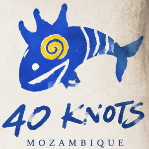 The 40 Knots fish, painted in blue with a yellow spiral eye, above the hand-lettered name