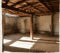 The empty shell: bare concrete, timber columns and light through the openings