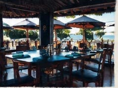 Tables laid on the terrace, umbrellas and the view beyond