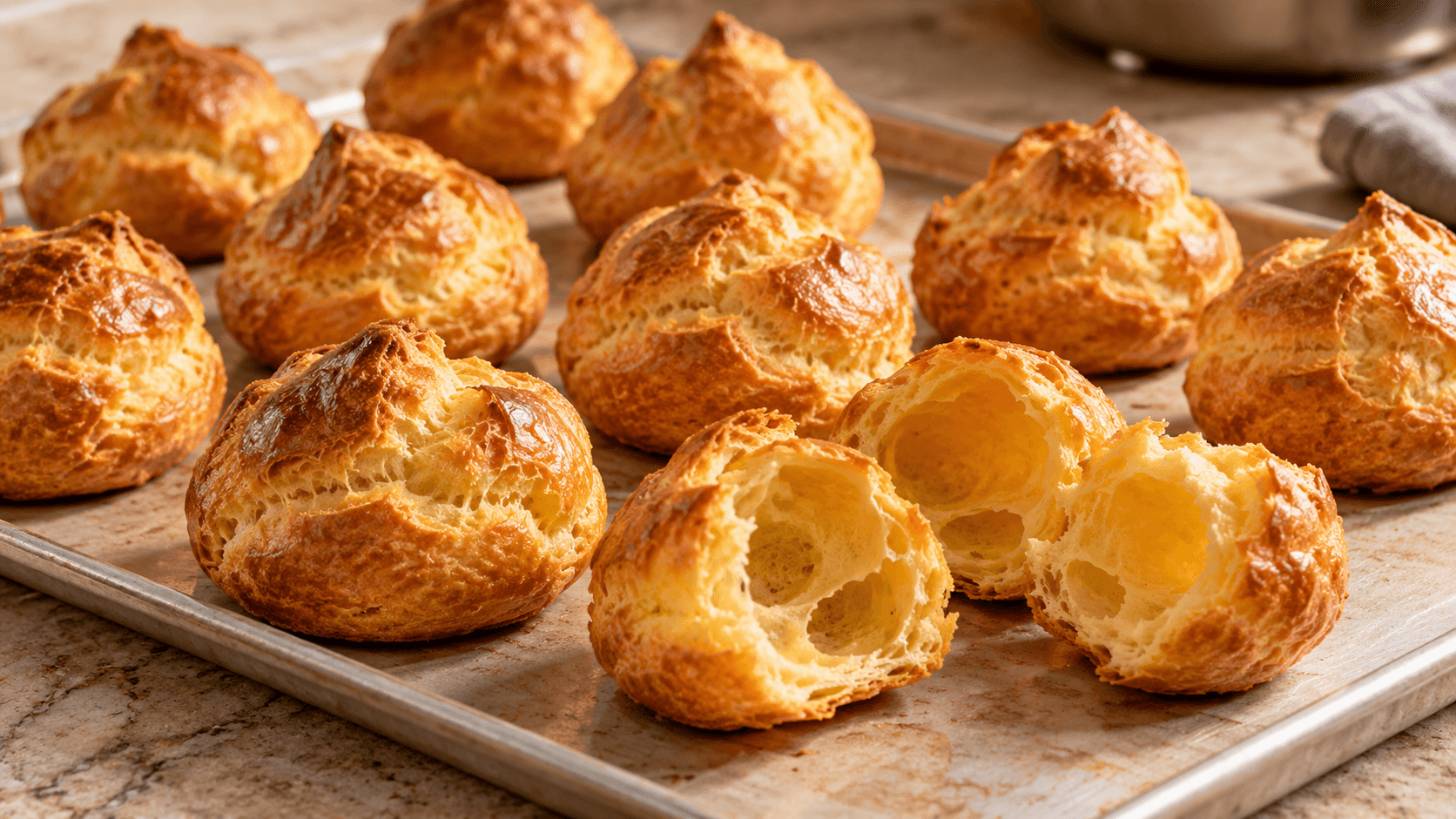 Golden baked bignè choux pastry shells with crisp exteriors and hollow centres.