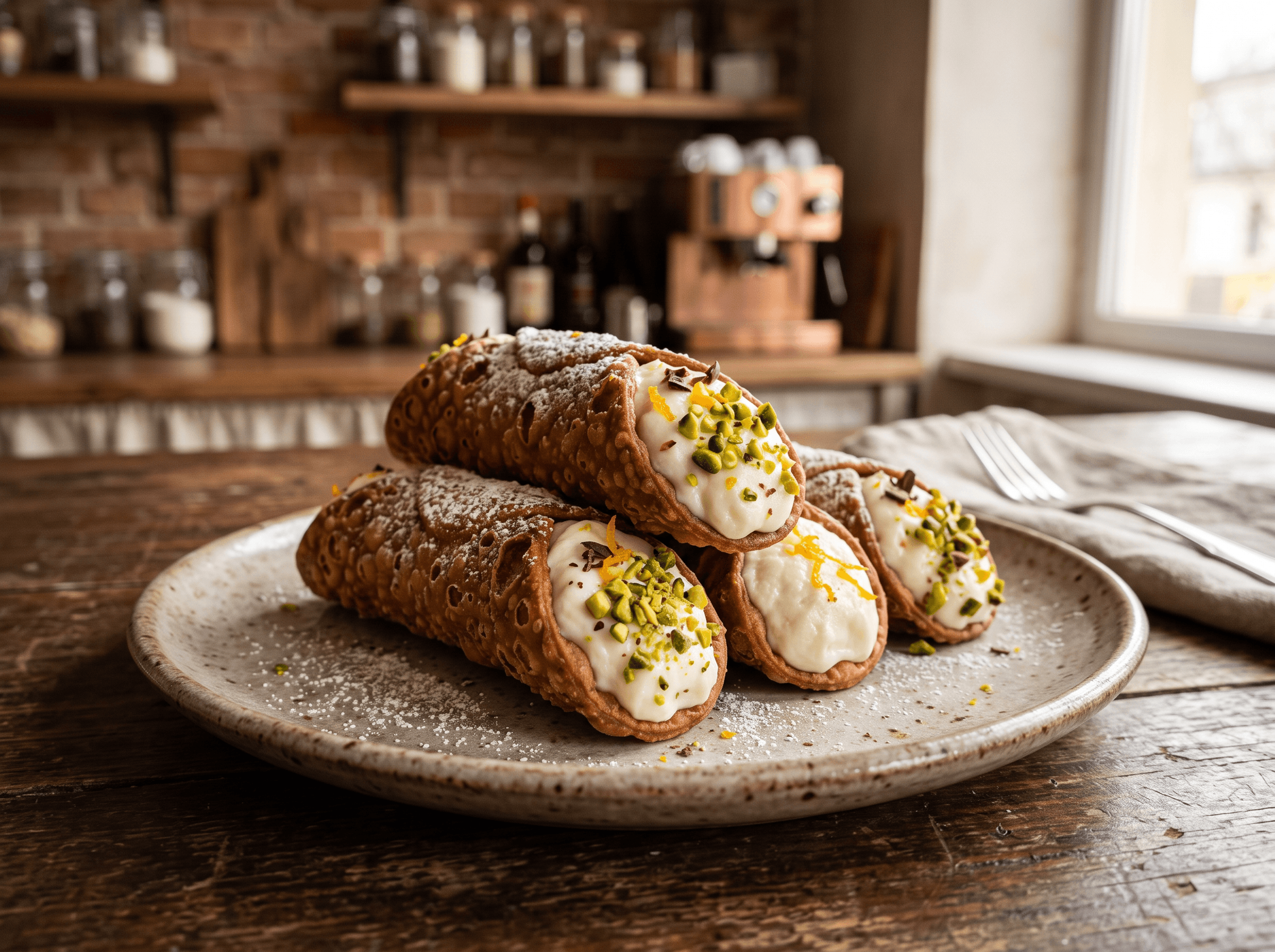 Classic Sicilian cannoli filled with ricotta cream and finished with pistachio and dark chocolate.