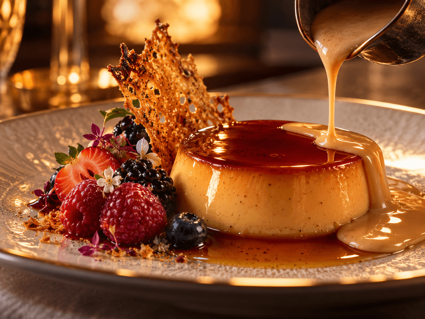 Caramelised burnt milk crisp shard beside a crème caramel dessert.