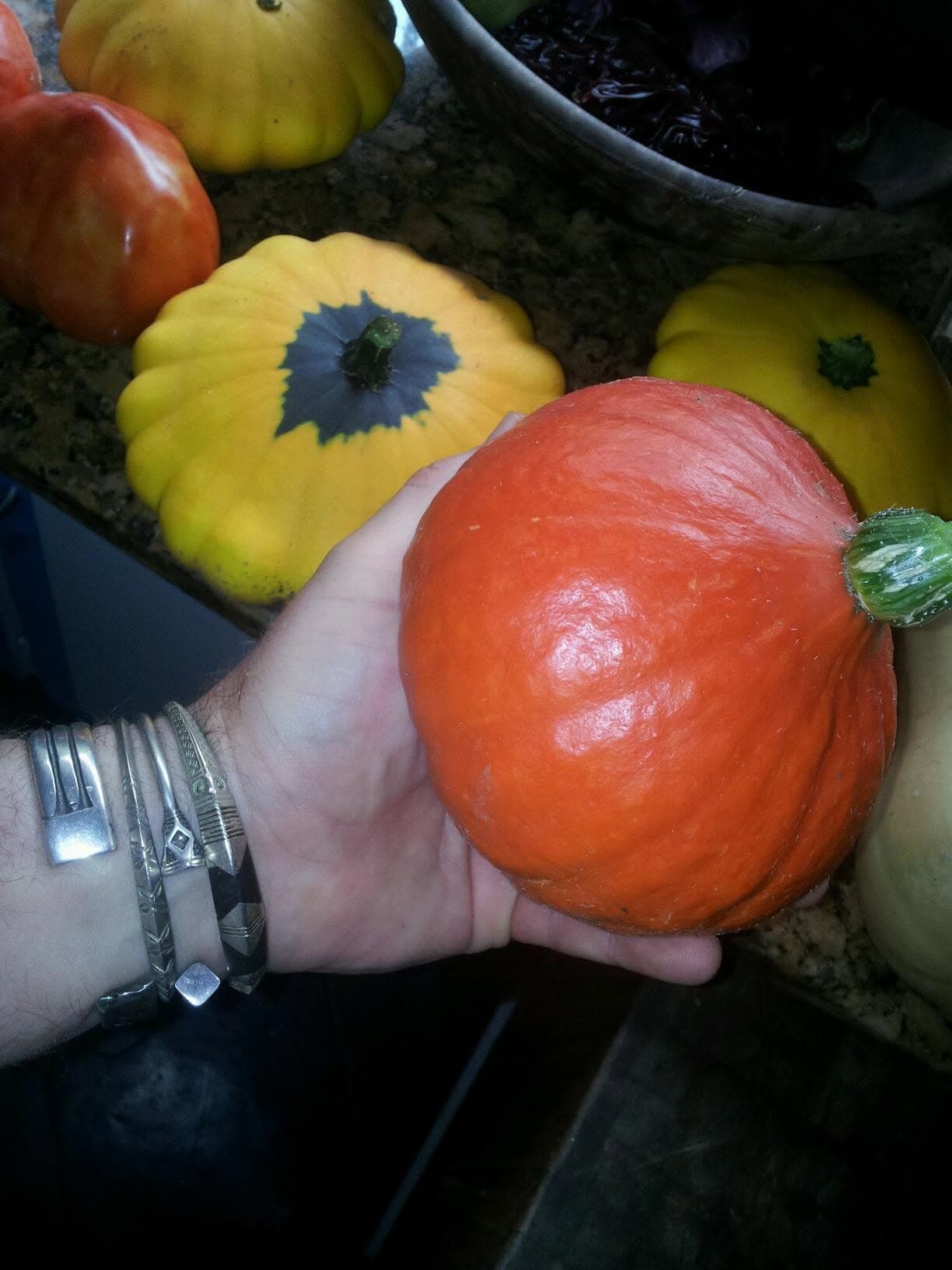 Yellow patty pan squashes and an orange pumpkin held in a hand, freshly picked