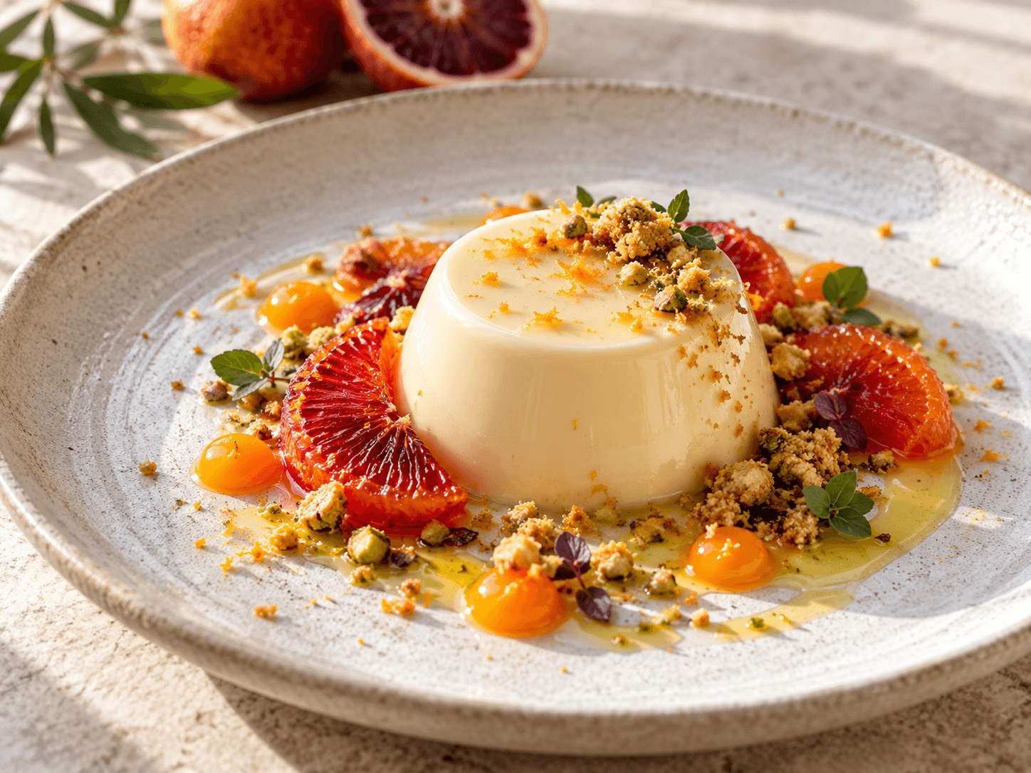 Orange panna cotta with bright citrus garnish.