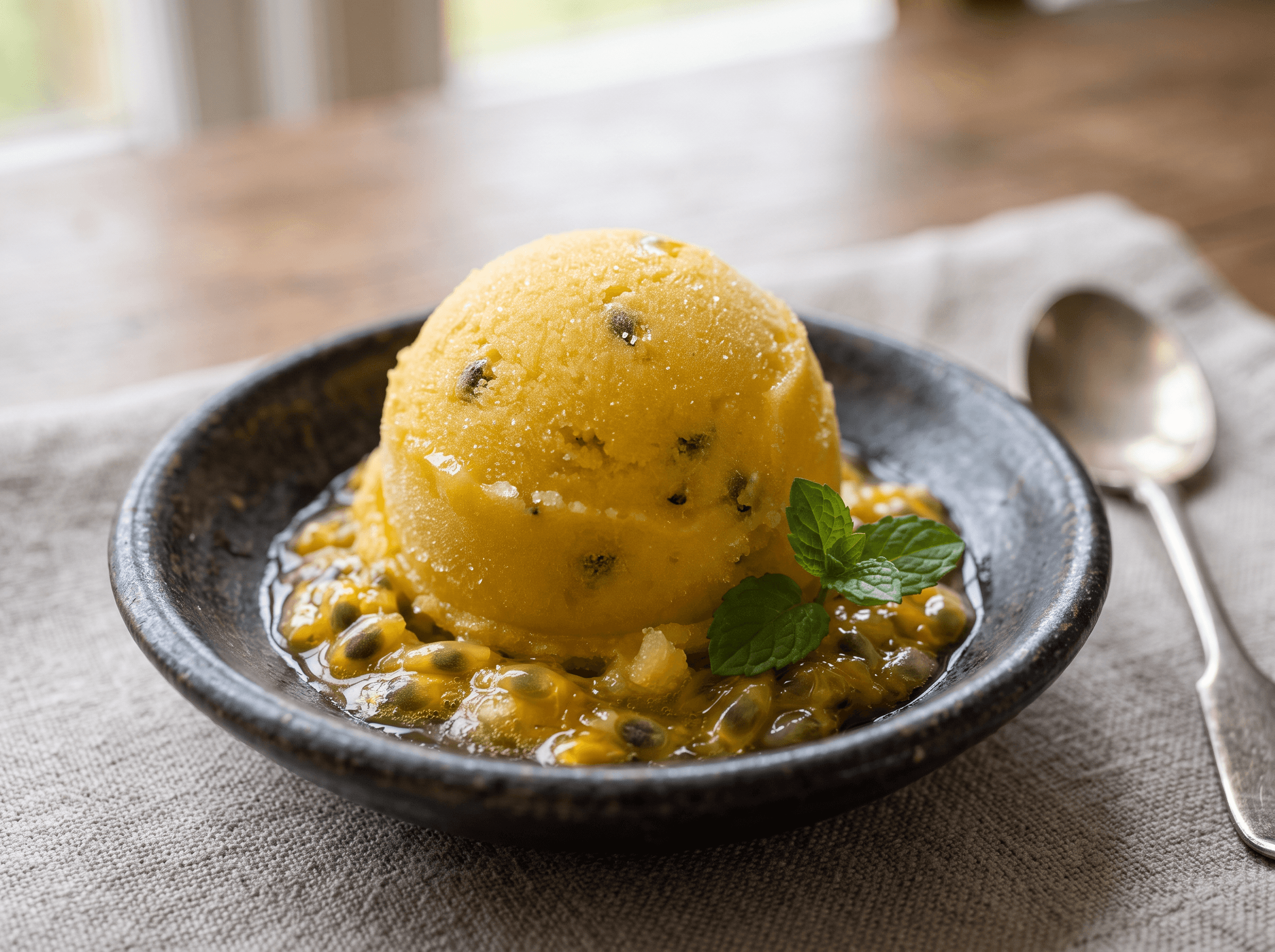 Golden passion fruit sorbet with fresh passion fruit pulp and seeds.
