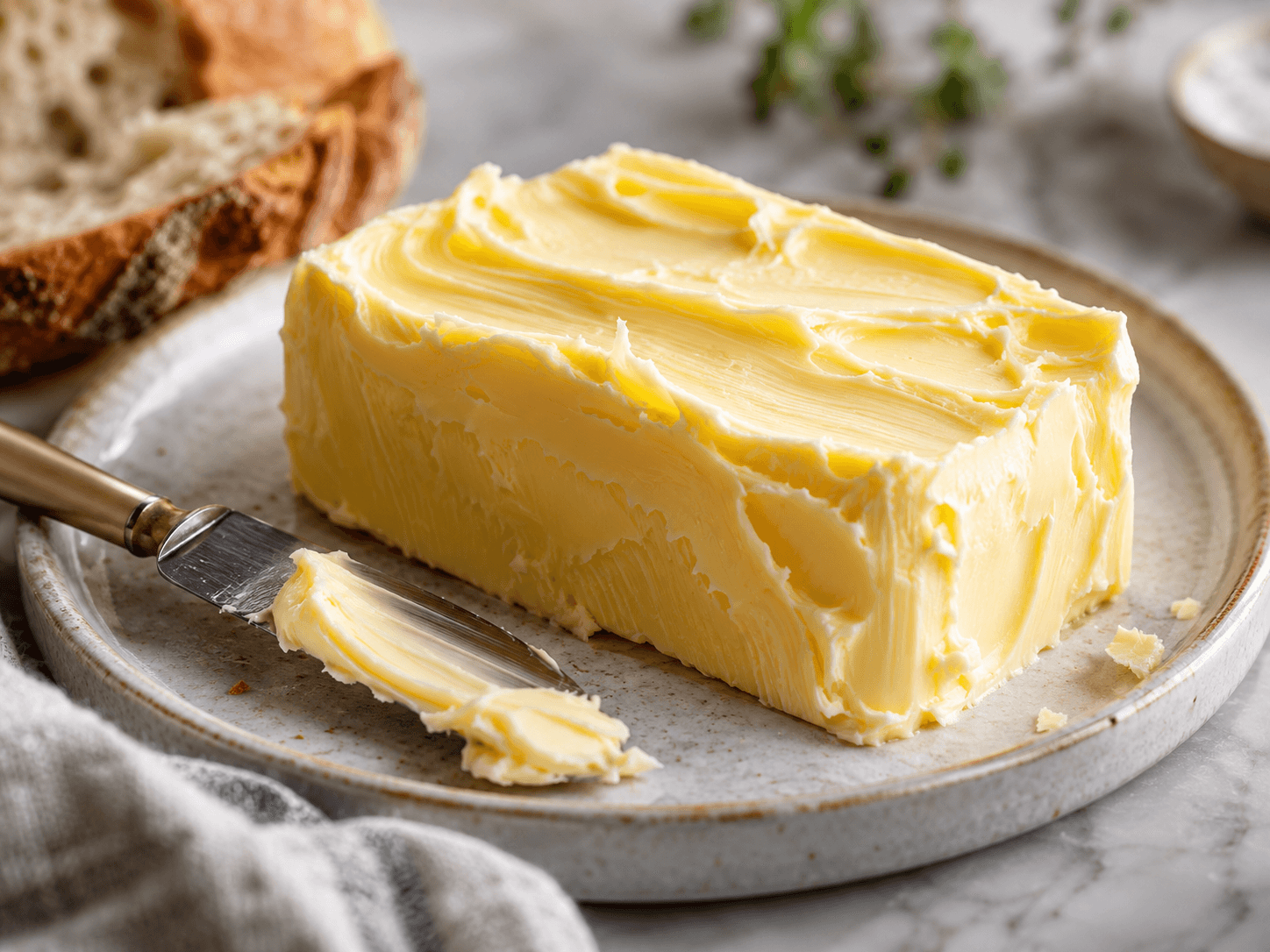 Fresh pale cultured butter on a stoneware plate with a butter knife.