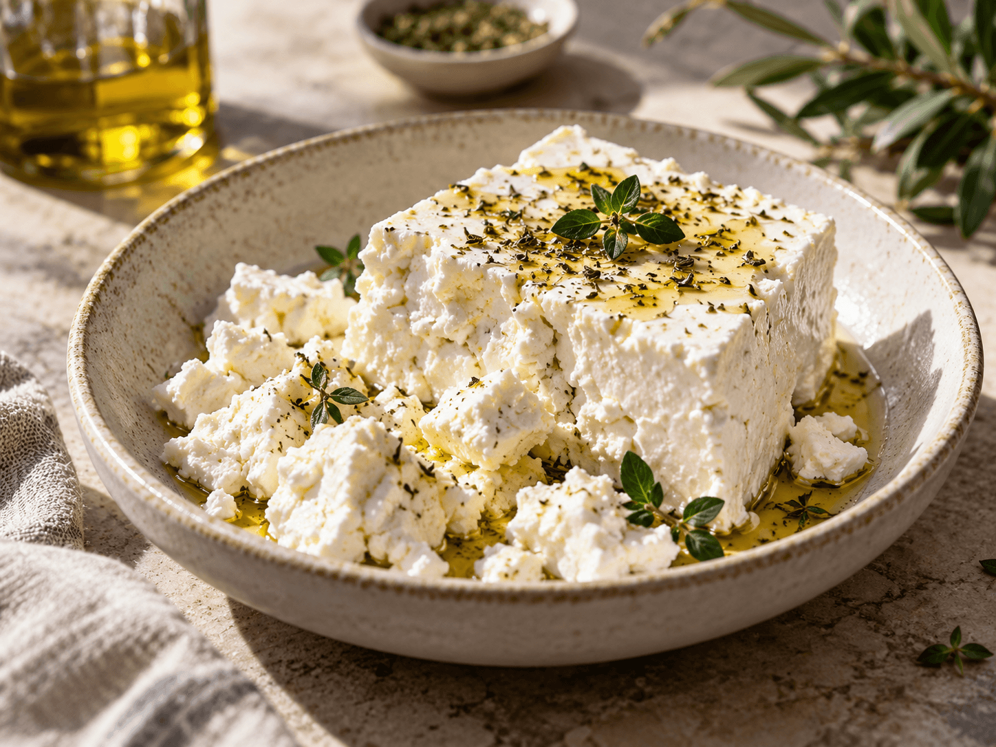 Creamy cultured feta in a rustic bowl with a restrained olive oil and herb finish.