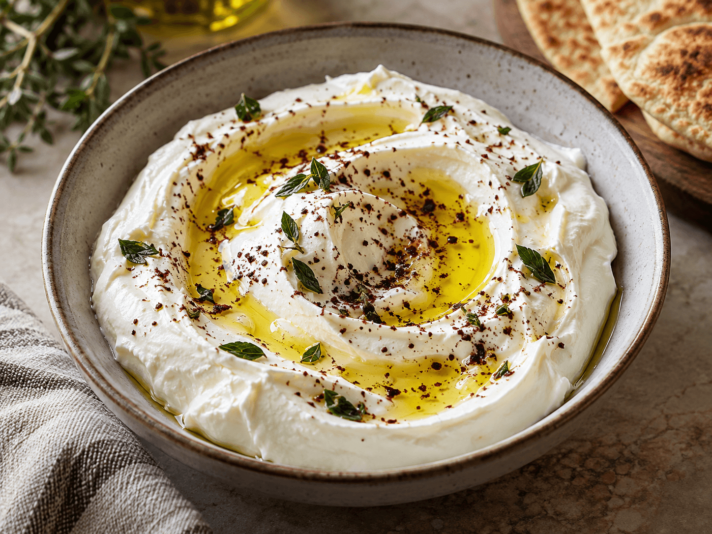 Thick creamy labneh swirled in a shallow ceramic bowl with a restrained olive oil finish.