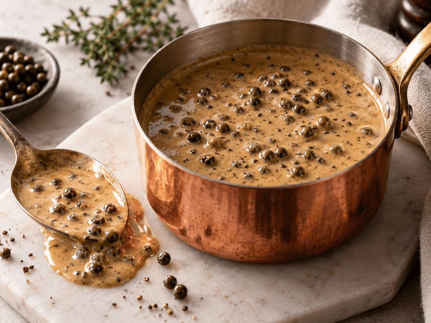 Creamy Madagascan green peppercorn sauce with whole green peppercorns in a copper pan.