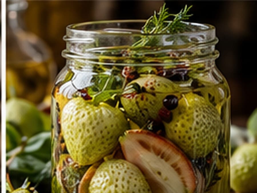 Firm pale green strawberries in a clear pickling jar with peppercorns and fresh aromatics.