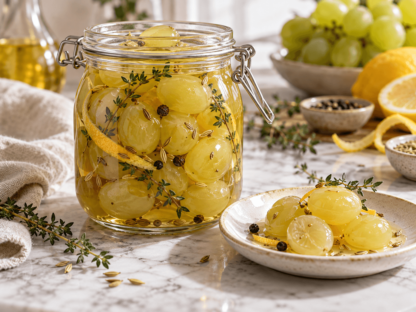 Muscat grapes in pale pickling liquid with thyme, fennel seed, black pepper and lemon.
