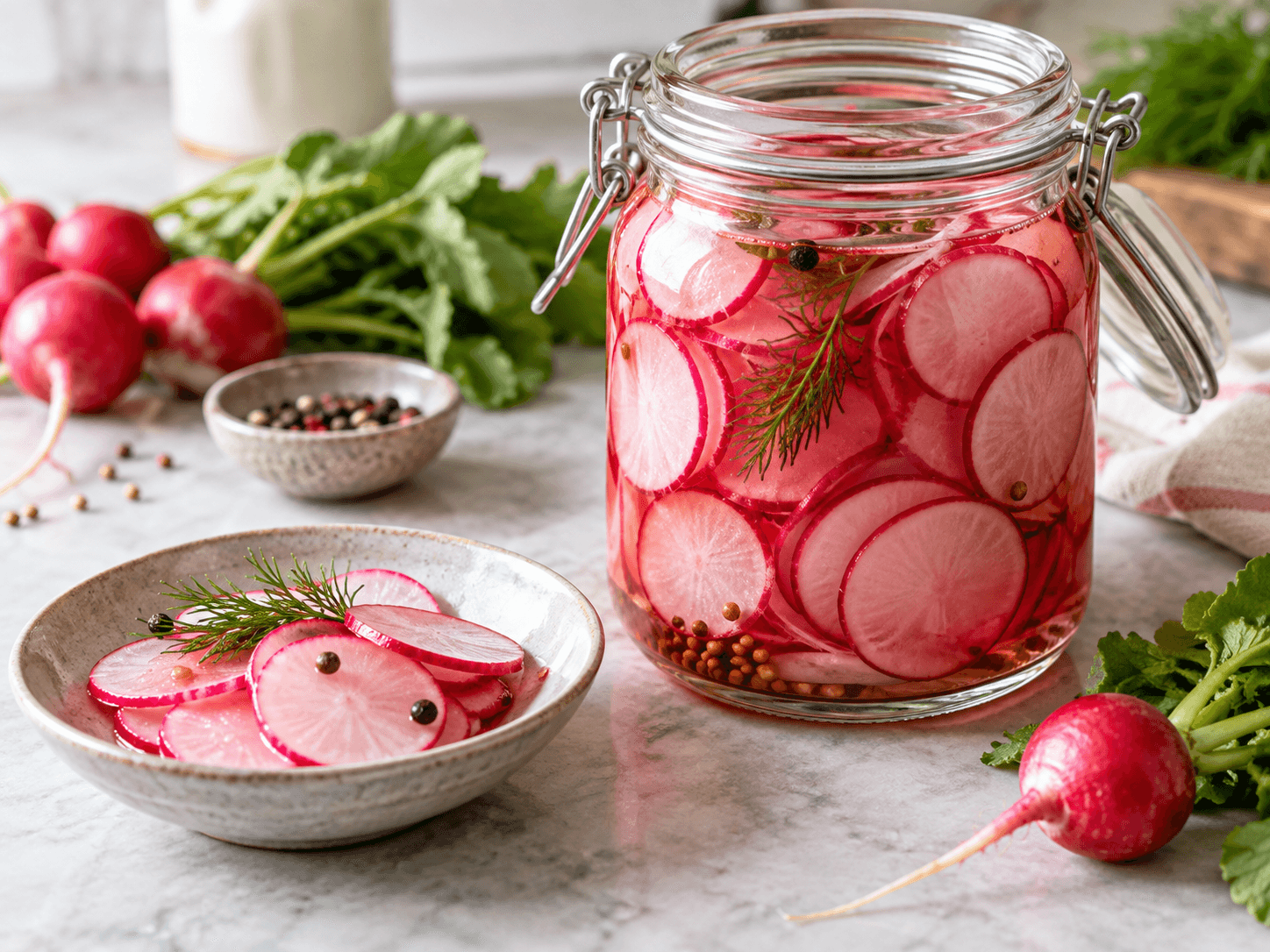 Thin pink radish slices in a clear rosy pickle with peppercorns and aromatics.