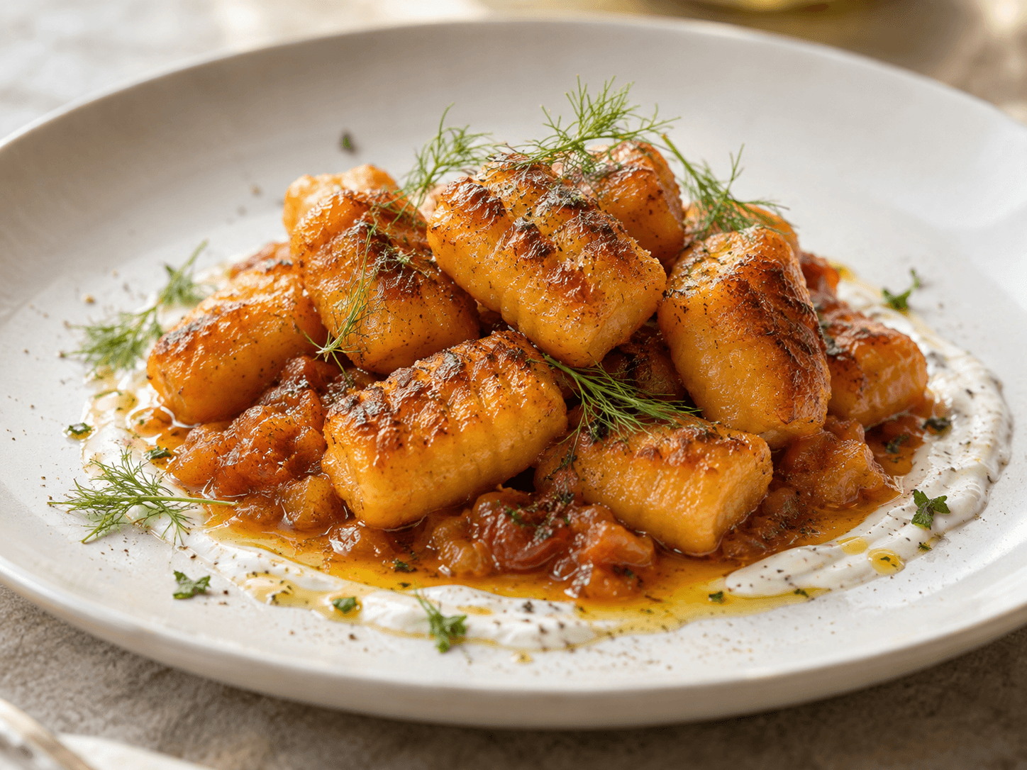 Golden sweet potato gnocchi with tomato-onion butter and a pale yoghurt cream.